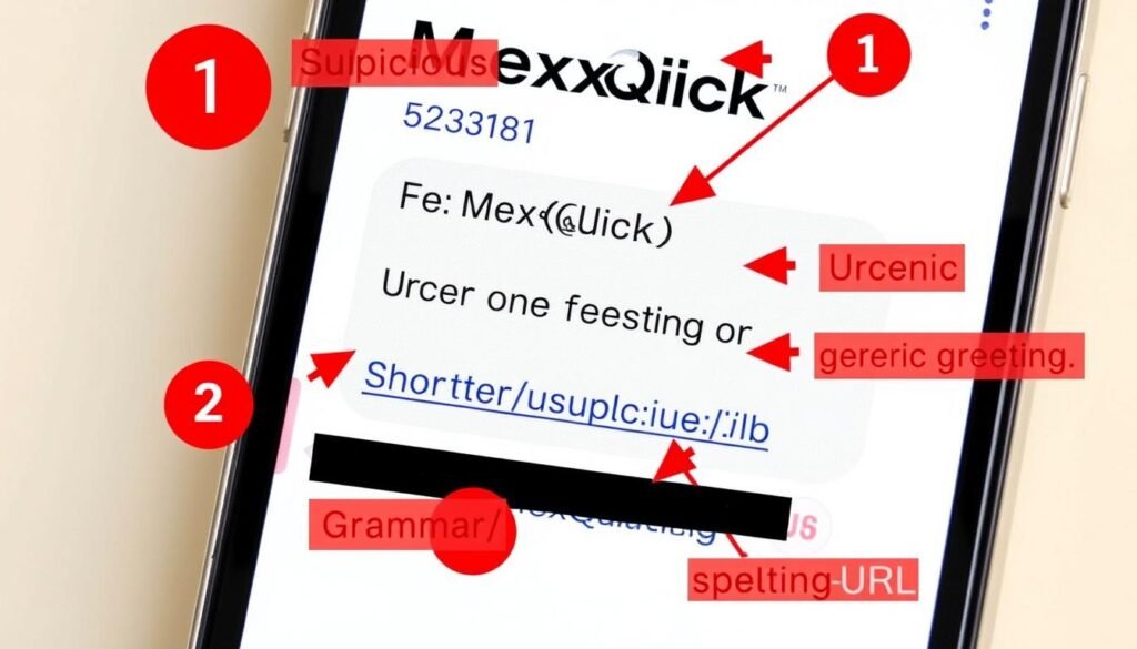 Annotated example of a MexQuick SMS scam with red flags highlighted Annotated example of a MexQuick SMS scam with red flags highlighted