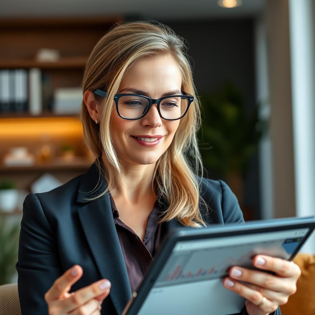 Female investor reviewing MEXQUICK continuous trading results Female investor reviewing MEXQUICK continuous trading results