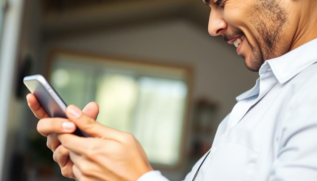 Person confidently checking their phone with security measures in place Person confidently checking their phone with security measures in place