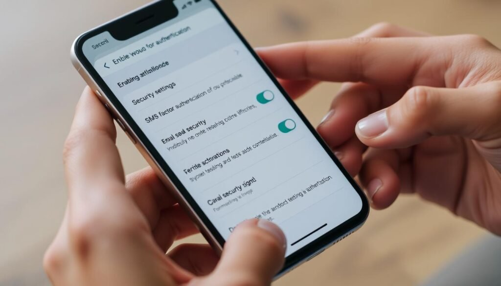 Person implementing security measures on their smartphone to prevent SMS scams Person implementing security measures on their smartphone to prevent SMS scams