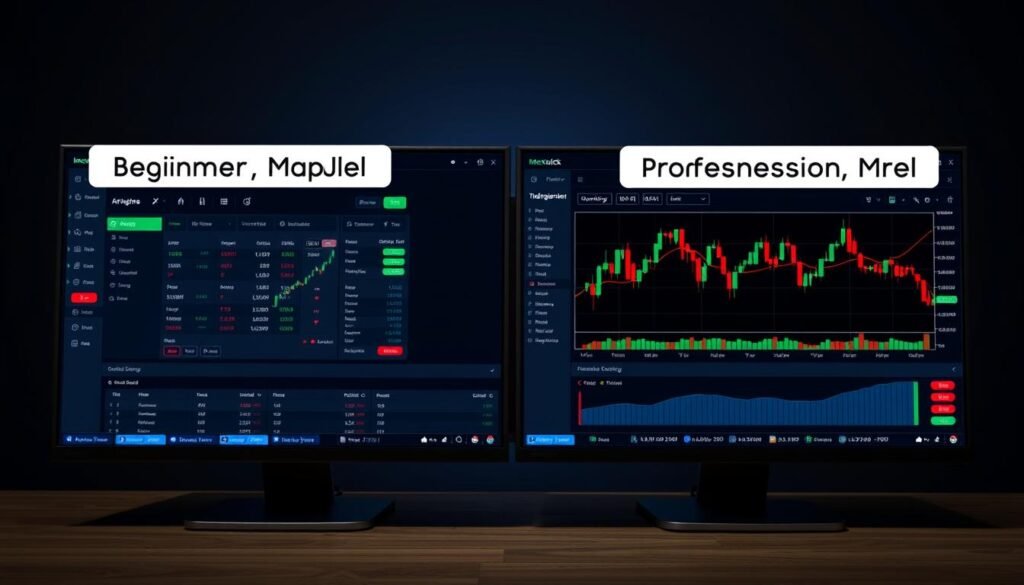 Split screen showing MexQuick's beginner-friendly interface and advanced professional trading tools Split screen showing MexQuick's beginner-friendly interface and advanced professional trading tools