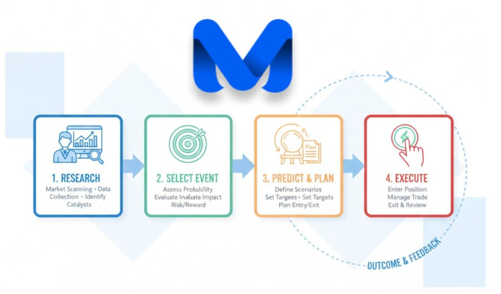 Step-by-step process for event contract trading showing research to execution flow MEXQUICK Step-by-step process for event contract trading showing research to execution flow MEXQUICK