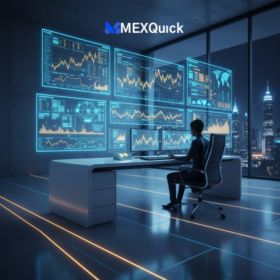 Trader analyzing MEXQUICK continuous trading charts on multiple screens Trader analyzing MEXQUICK continuous trading charts on multiple screens